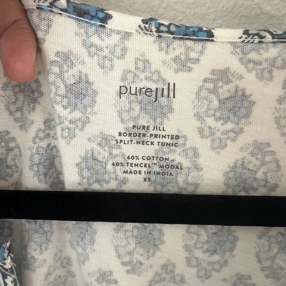 J Jill Pure Jill Split Neck Border Printed Tunic Top XS Blue Modal Boho Artsy - Picture 3 of 8